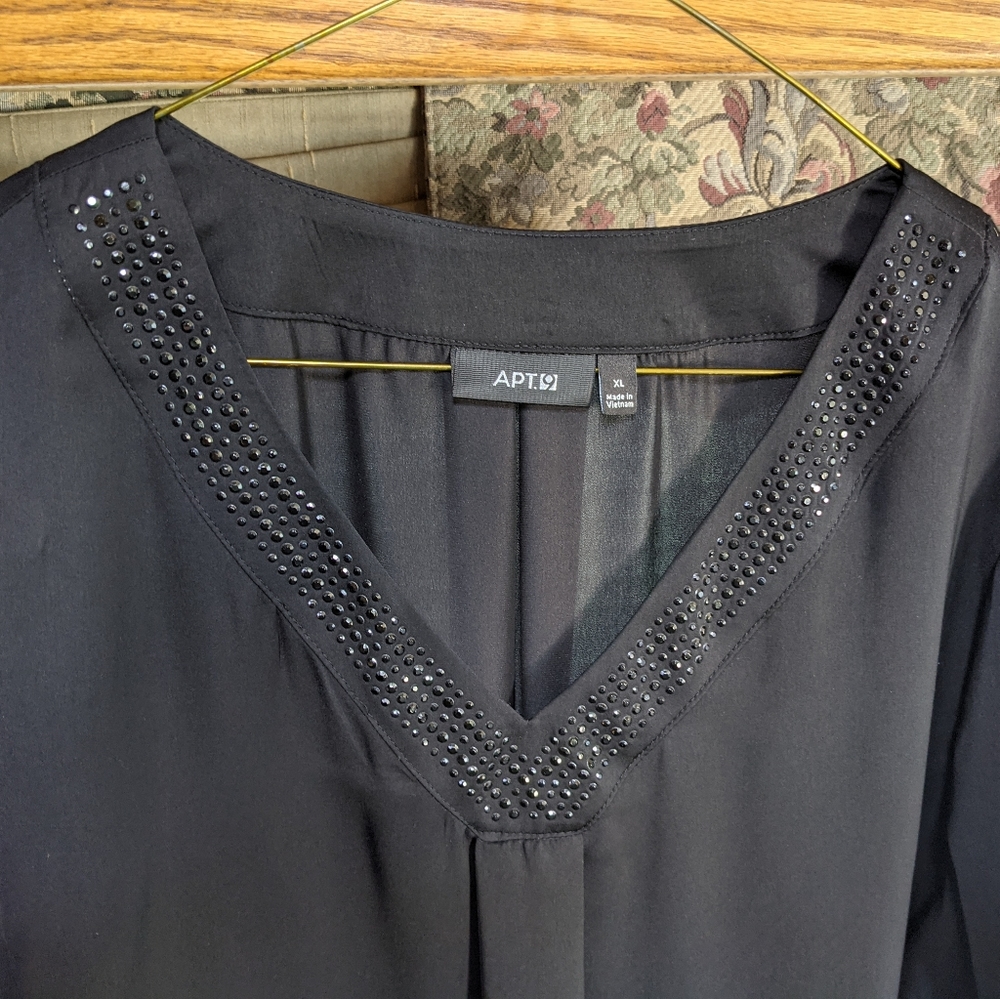 Apt. 9 Sheer black top with rhinestones V neckline XL Christmas sheer dressy